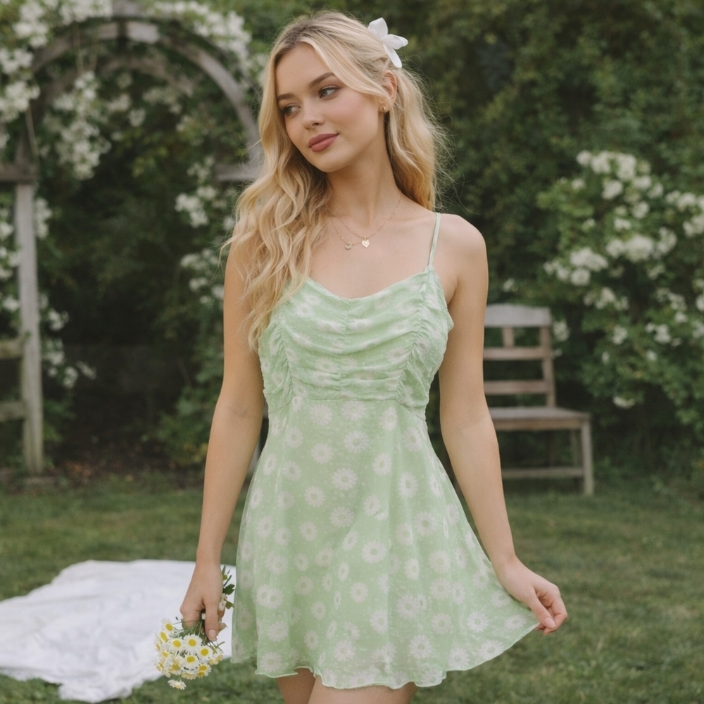 Altard State Green Floral Slip Dress Medium Ruched Bust Spaghetti Strap Mini USA